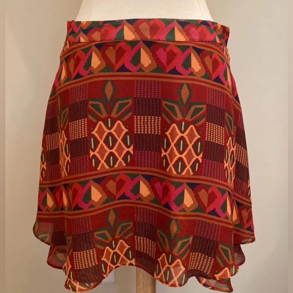 FARM RIO Orange Yellow Pineapple Tribal Print L Boho Brazilian Style Mini Skirt